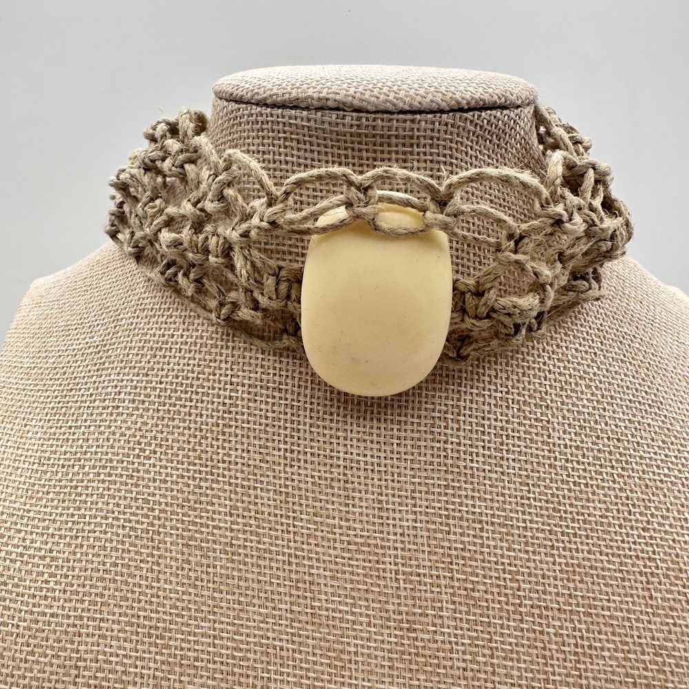 Vintage Y2K Tagua Nut Macrame Hemp Choker Necklace Jewelry 90s